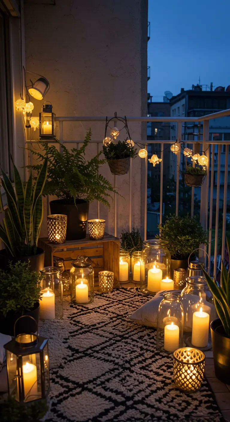 A dark balcony illuminated by dozens of candles in lanterns and jars on a black and white rug.