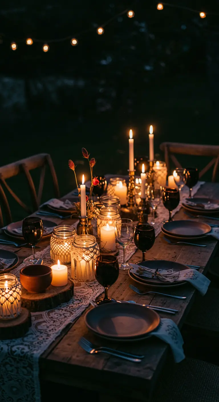 A wooden table at night, lit by numerous candles in glass jars covered with macramé.