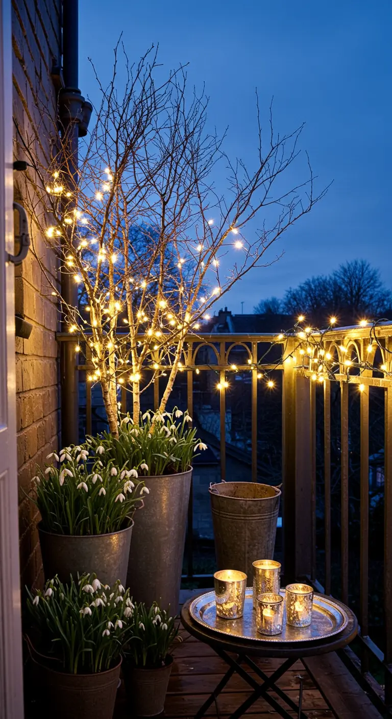 A small balcony at night with lighted birch branches, snowdrops in zinc pots, and candles.