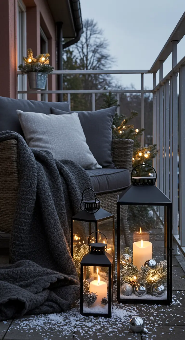 Black lanterns filled with candles, fairy lights, and silver ornaments on a snowy balcony floor.