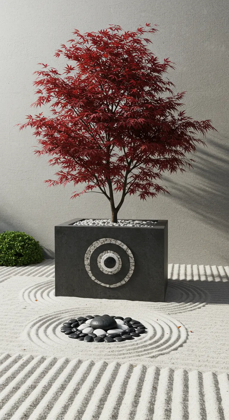 A dark concrete planter with a stone circle mosaic holds a red Japanese Maple in a zen garden.