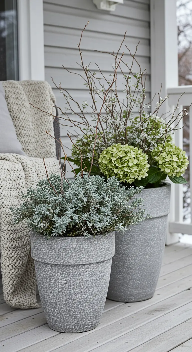 Two gray pots with lime-green hydrangeas and silvery foliage on a porch.