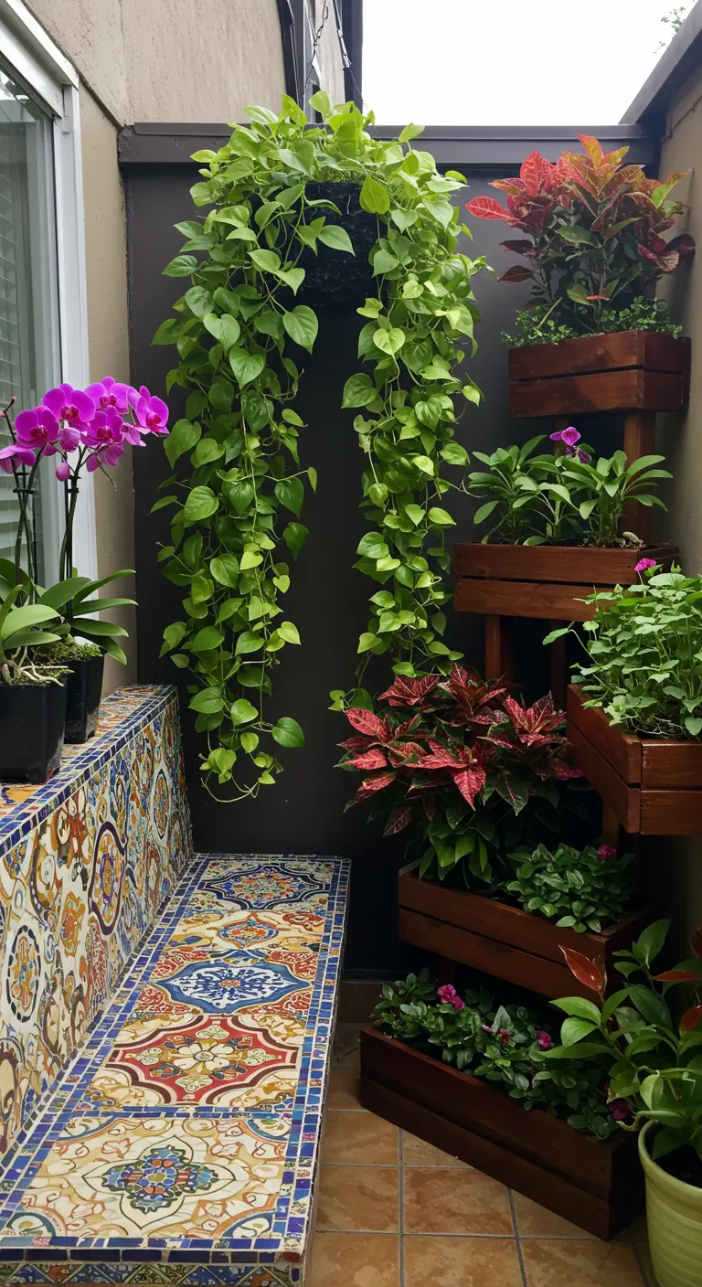 A vibrantly patterned tile bench next to a tiered wooden planter in a small corner.