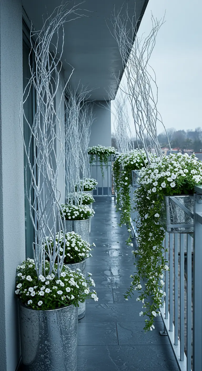 A long balcony lined with metal planters filled with silver branches and trailing white flowers.