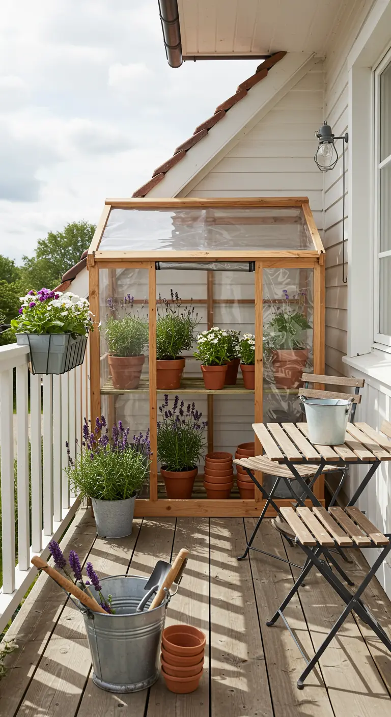 A wooden walk-in style greenhouse on a balcony with lavender and white flowers.