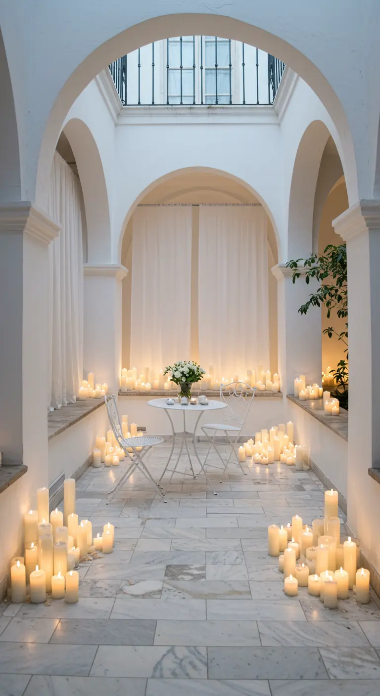 An arched white courtyard filled with dozens of glowing candles around a small bistro set.