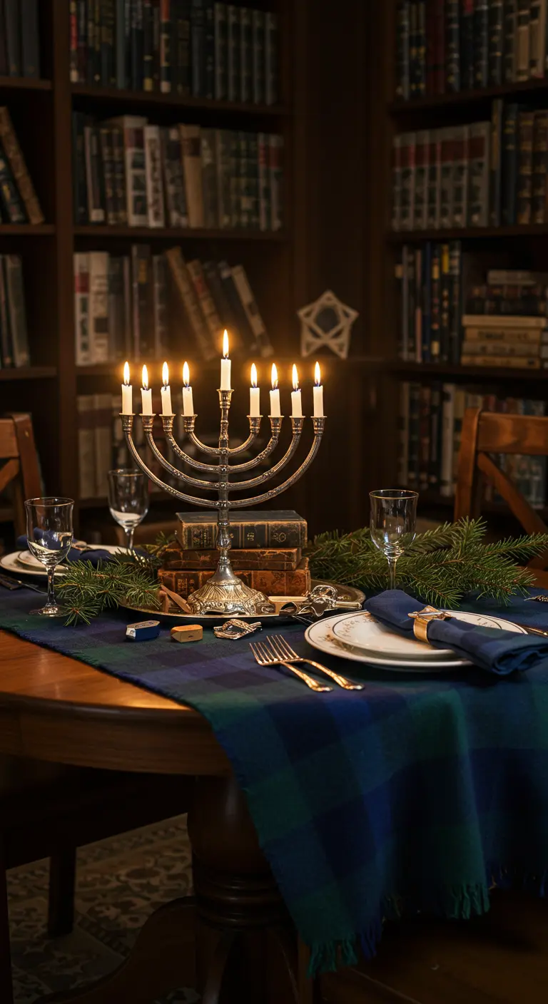 A Hanukkah menorah placed on a stack of old books on a table with a plaid runner.