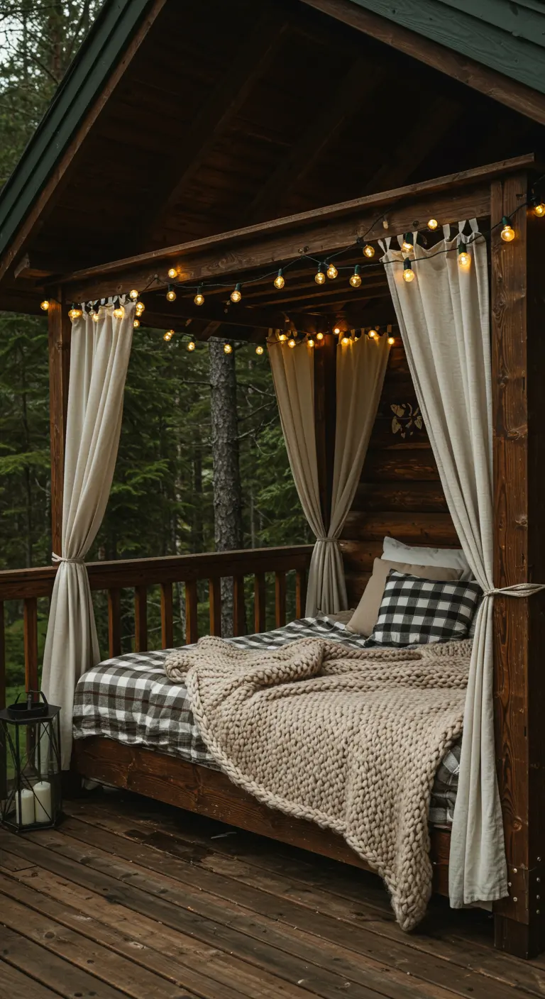 Rustic wooden canopy bed on a cabin porch with plaid bedding and a chunky knit throw.