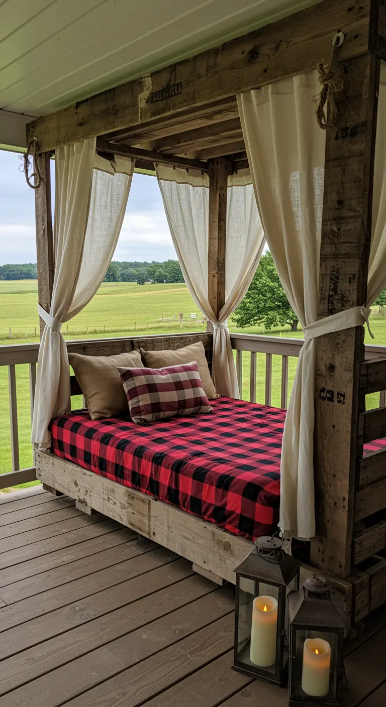 Rustic pallet canopy bed on a porch with buffalo check bedding and lanterns.