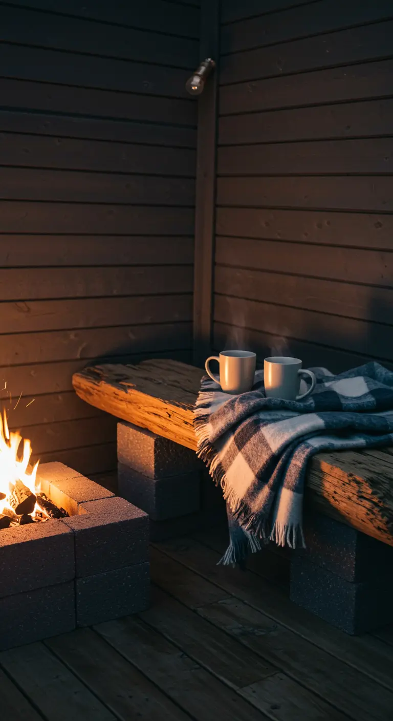 A driftwood bench next to a cinder block fire pit, with mugs and a plaid blanket.