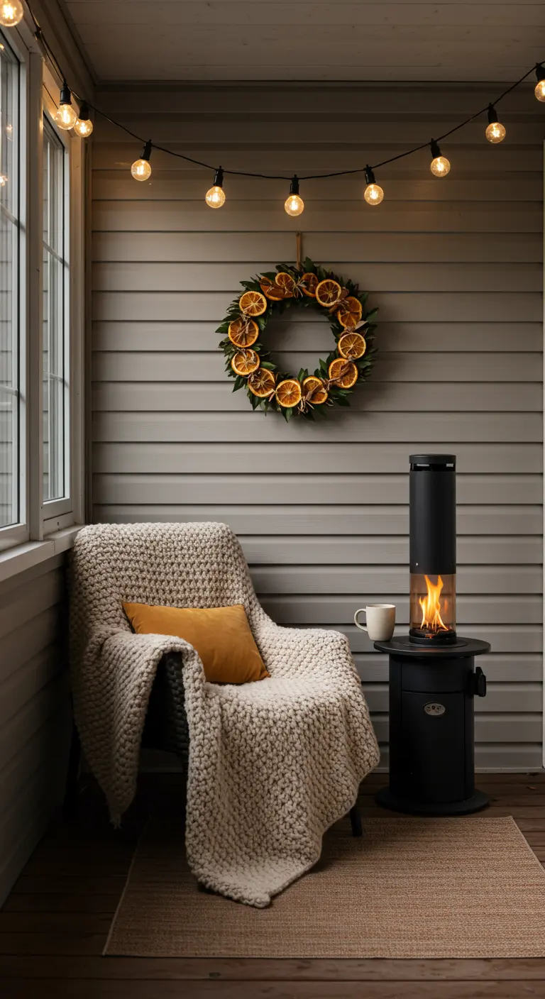A cozy armchair with a blanket on a small porch next to a heater and a dried orange wreath.