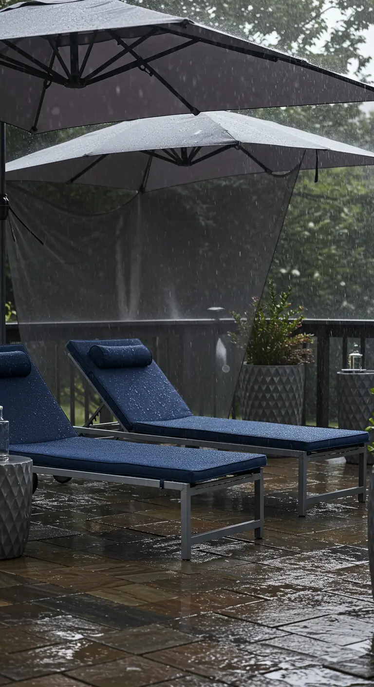 Two chaise lounges with navy cushions on a wet wooden deck in the rain, under an umbrella.