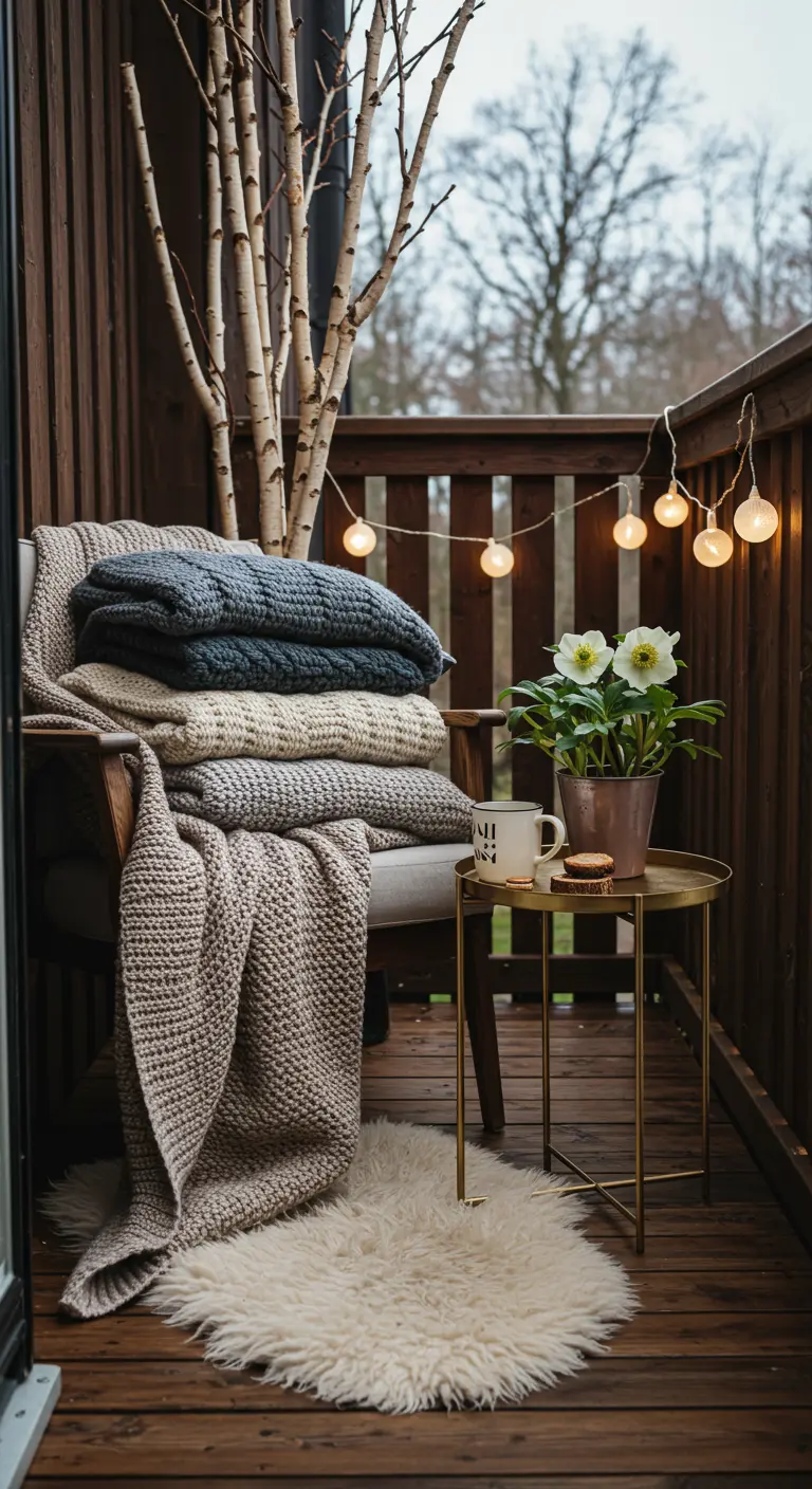 A cozy balcony chair piled high with knitted blankets, next to a gold table with a mug.