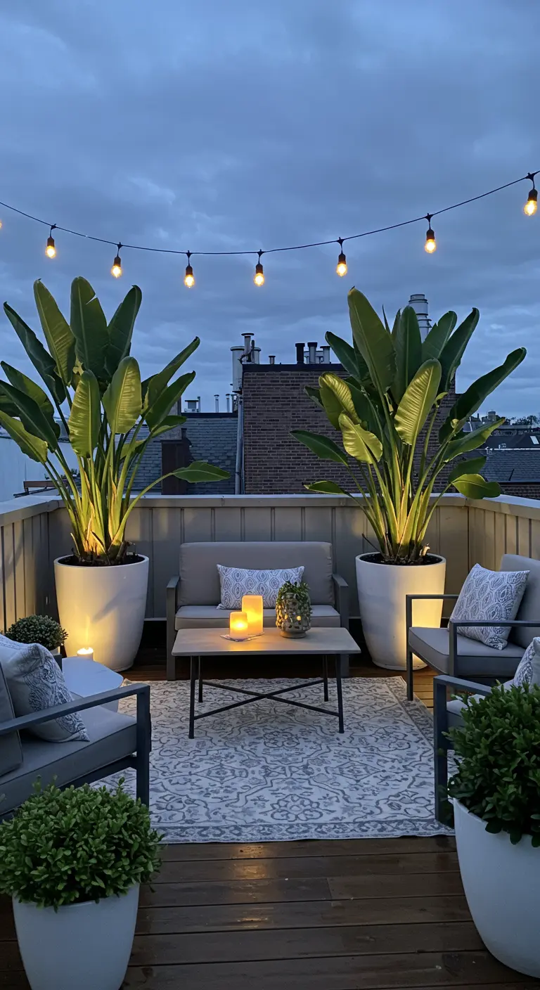 A cozy rooftop seating area with large plants, a patterned rug, and string lights.
