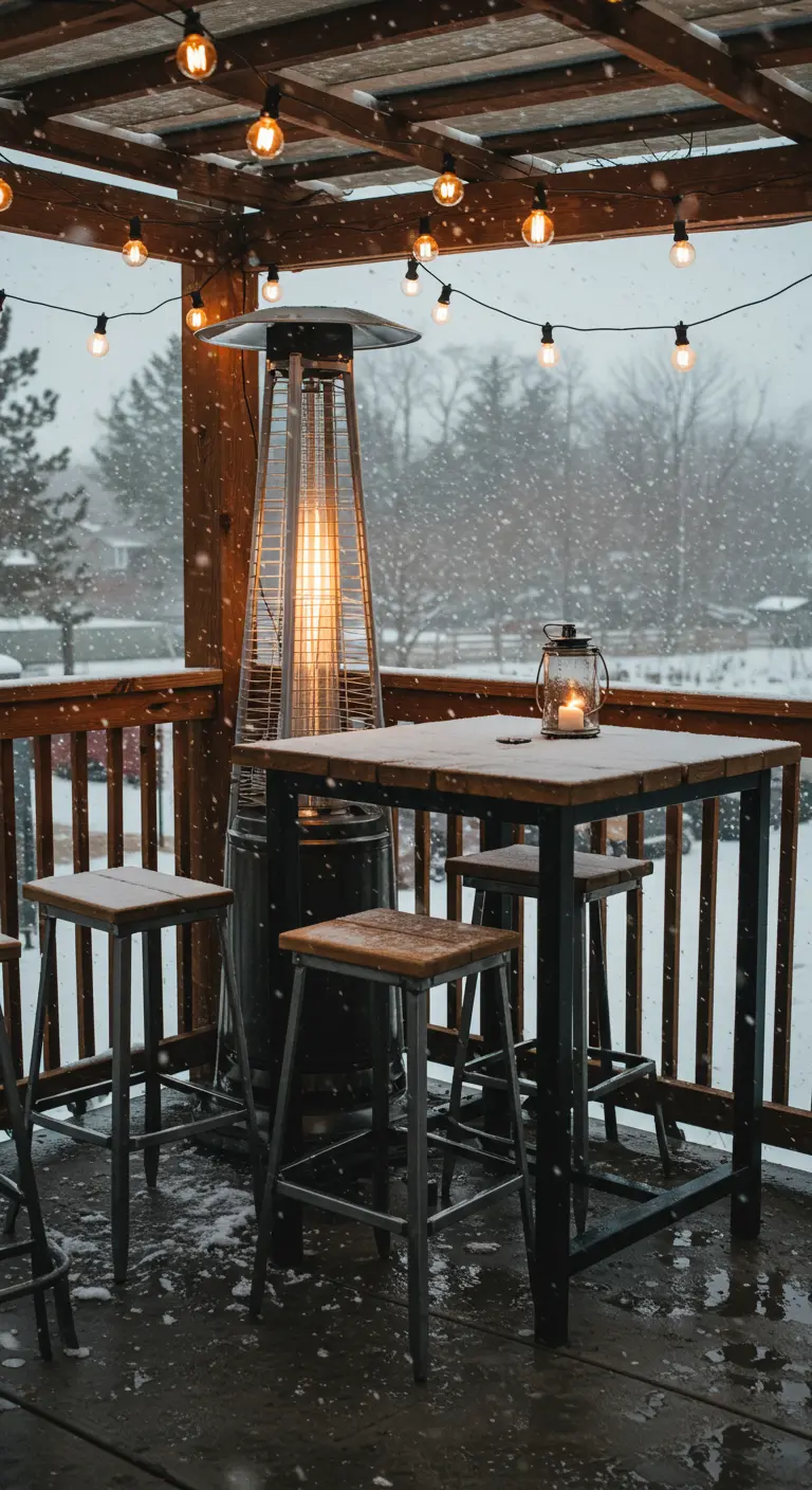 A snowy patio with a heater, wood-topped stools, and a candle lantern.