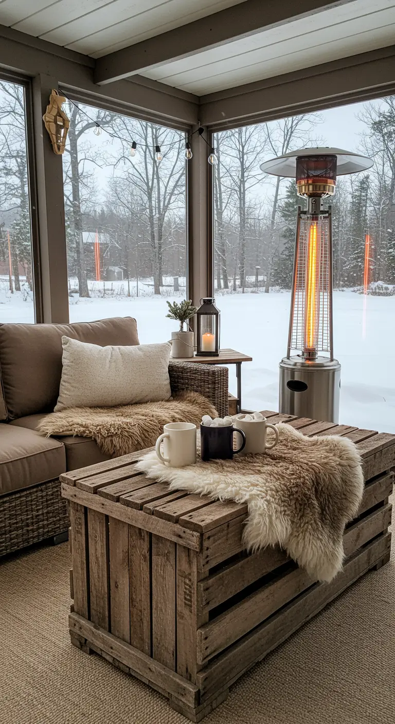 Rustic crate table on a screened porch in winter, with a faux fur runner.