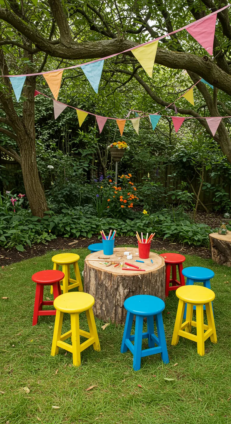 Stools in primary colors surround a tree stump table set up for a children's craft party in a garden.