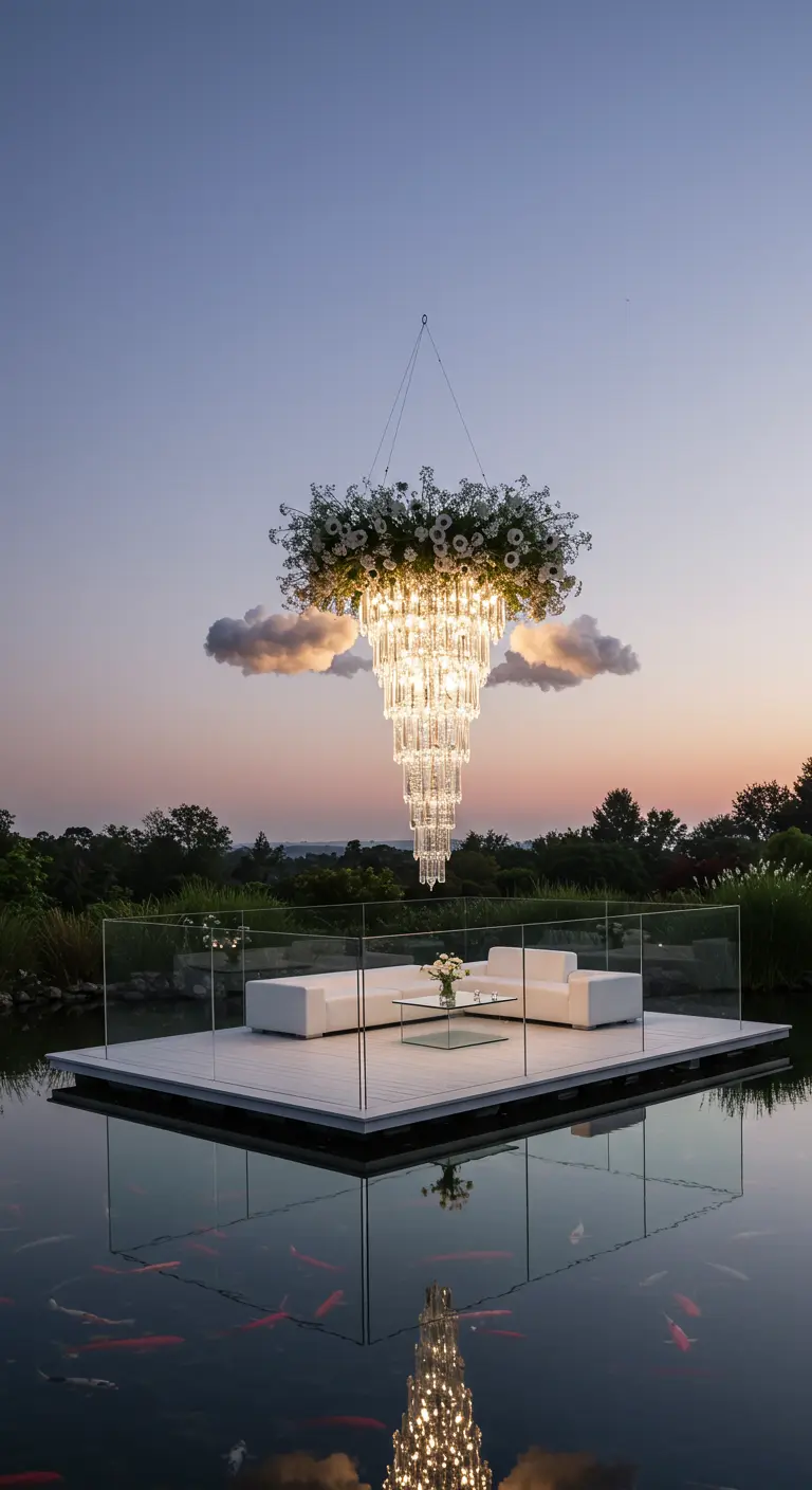 A massive crystal chandelier decorated with baby's breath hangs like a cloud over water.