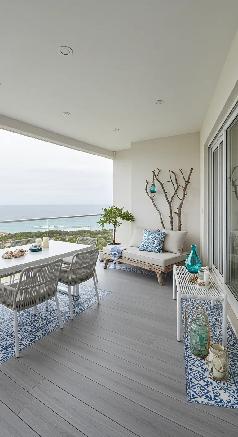 A spacious balcony with a driftwood bench, modern dining set, and multiple blue patterned rugs.