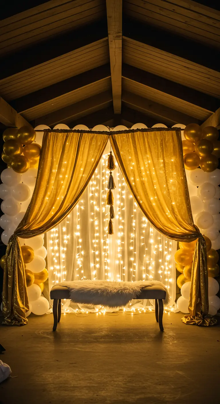 A glamorous white and gold balloon backdrop with draped gold fabric and a curtain of lights.