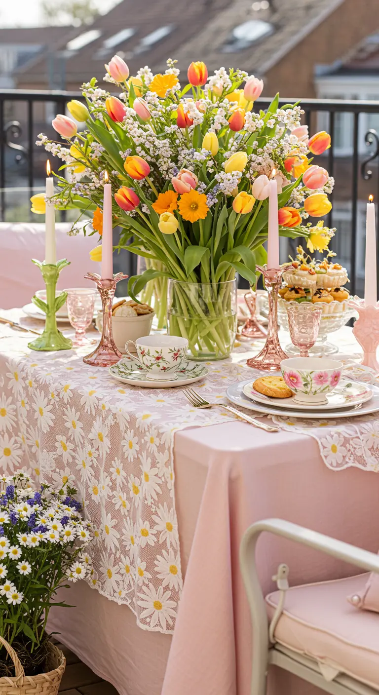 A spring-themed tea party table with a huge bouquet of tulips, a daisy-patterned lace cloth, and pink details.