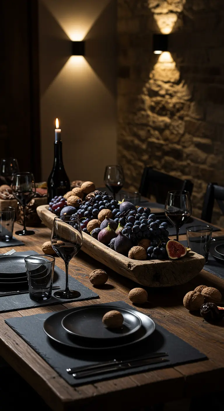A rustic table with a wooden trough filled with dark grapes, figs, and walnuts.