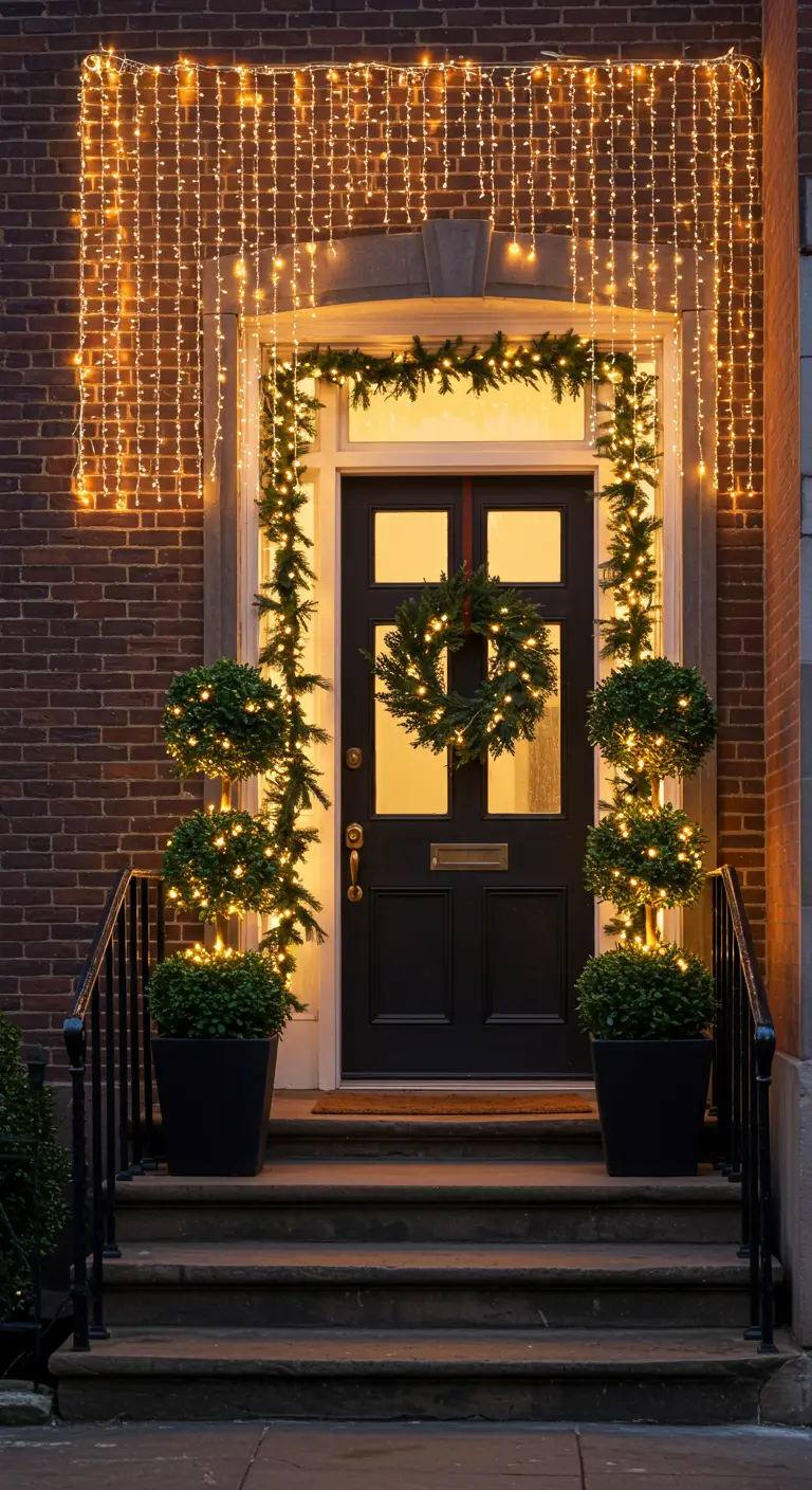A brick townhouse entrance framed by a curtain of warm white fairy lights and elegant topiaries.