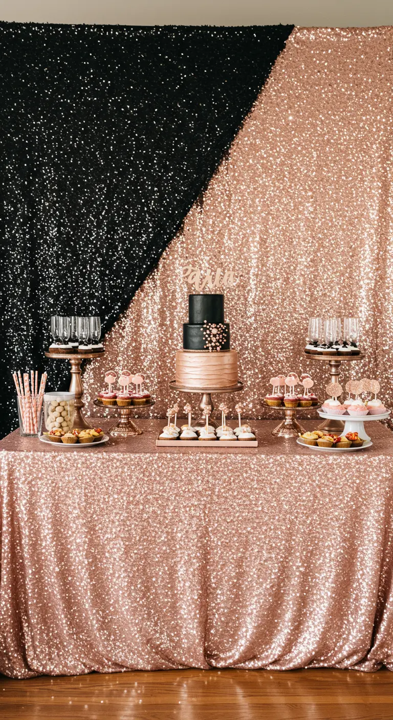 A dessert table with a split black and rose gold sequin backdrop.