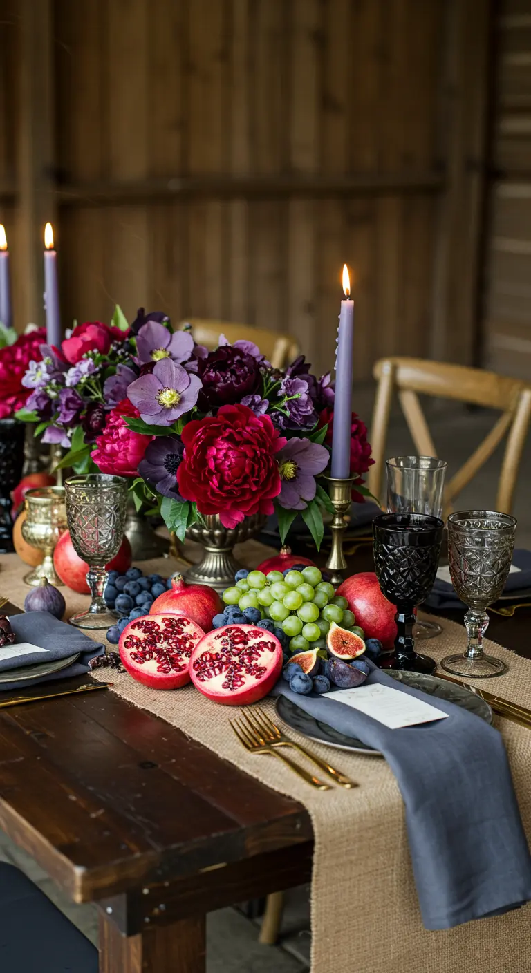 A lush floral centerpiece with pomegranates, figs, and grapes on a table.