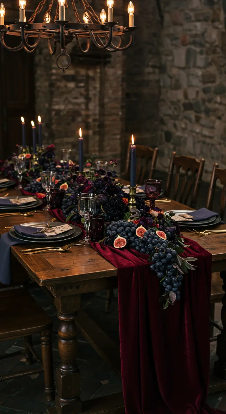 Tablescape with a lush runner of dark grapes, figs, and a burgundy velvet cloth.