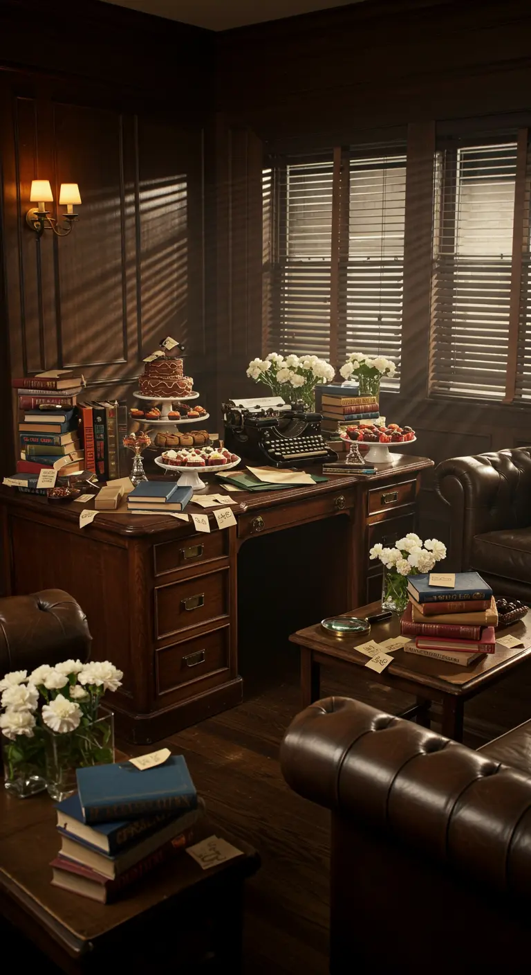A vintage detective's desk laden with desserts, a typewriter, and white flowers in a moody room.