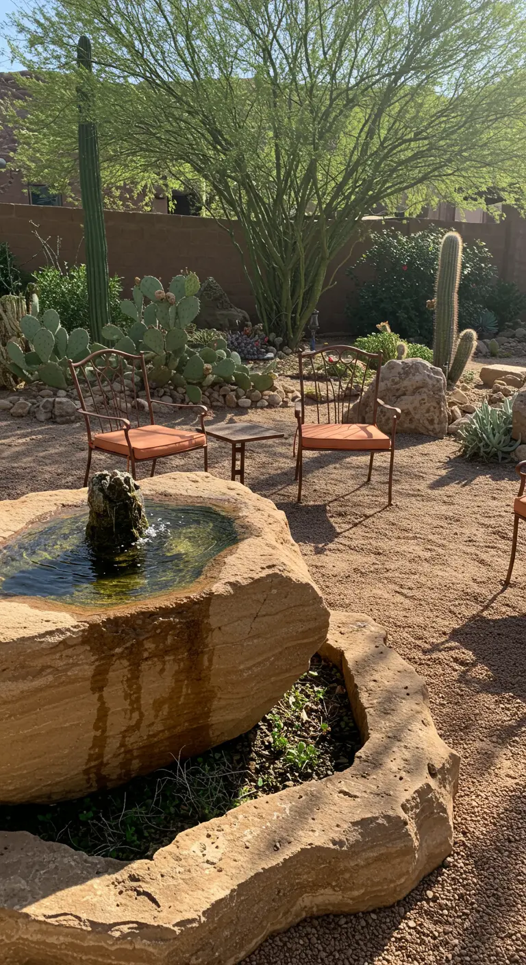 Natural rock fountain in a desert garden with cacti and succulents.