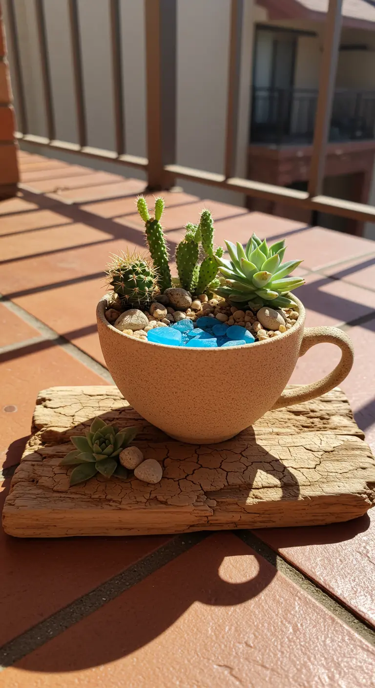 A sandy-textured teacup holds various succulents with a river of blue glass pebbles.