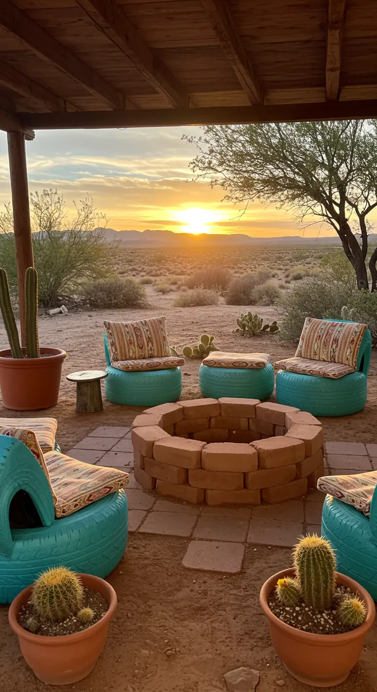 Desert fire pit with turquoise tire seats, patterned cushions, and cacti at sunset.