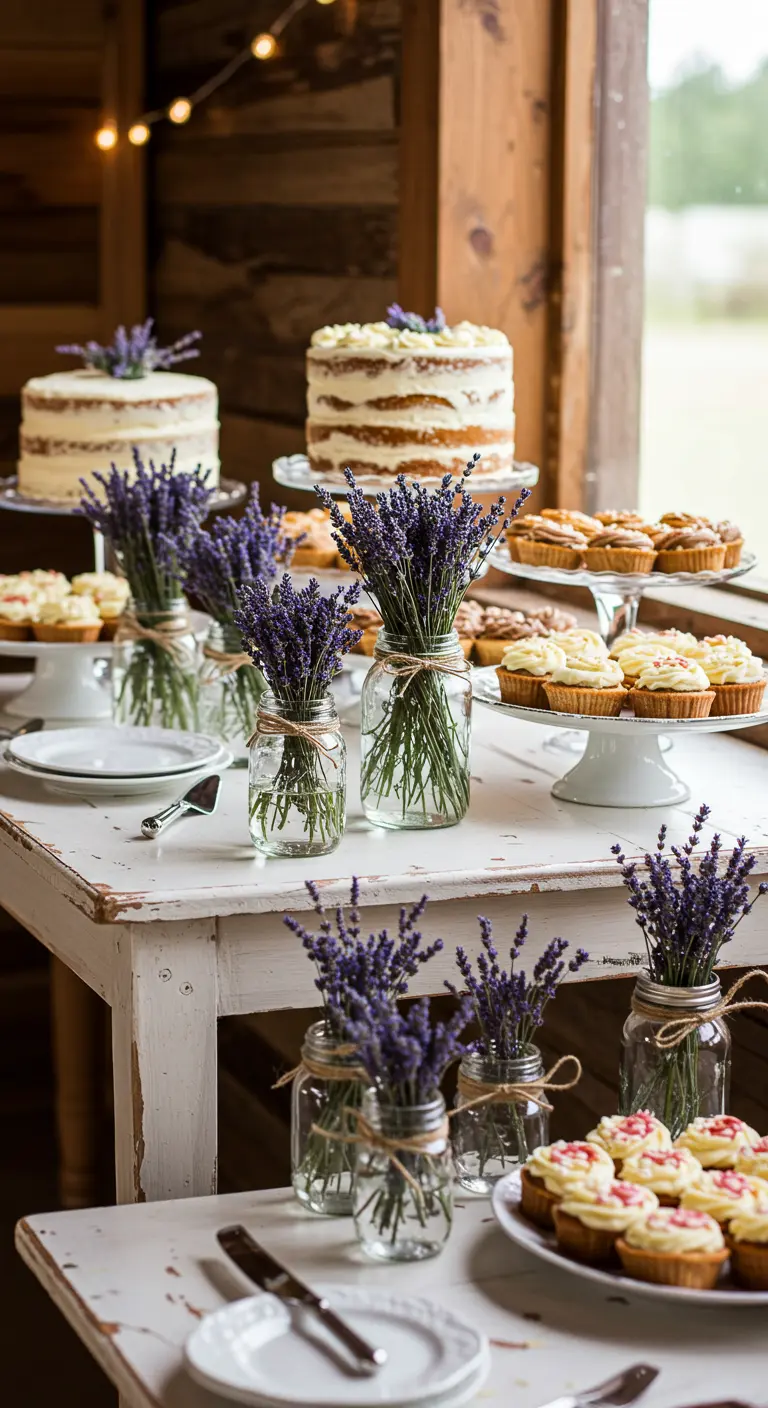 A rustic dessert table with naked cakes and cupcakes, decorated heavily with lavender in Mason jars.