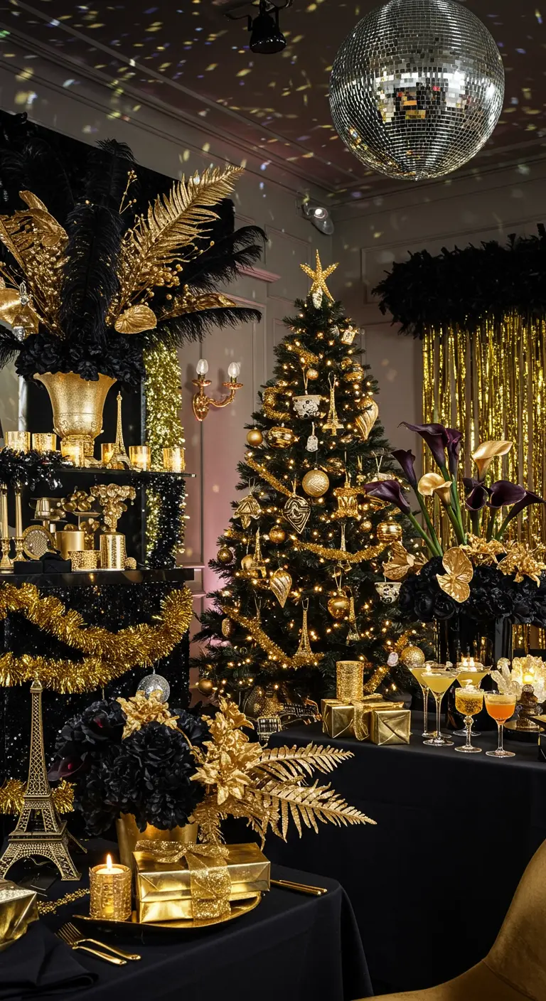 A glamorous black and gold party with a Christmas tree, disco ball, and Eiffel Tower decor