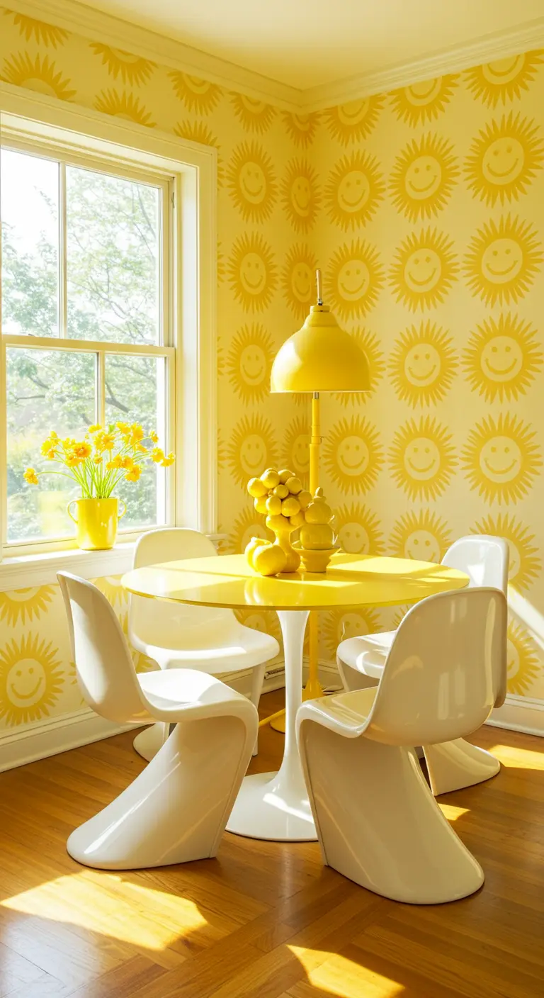Cheerful dining nook with yellow smiley-face wallpaper, a yellow table, and white chairs.