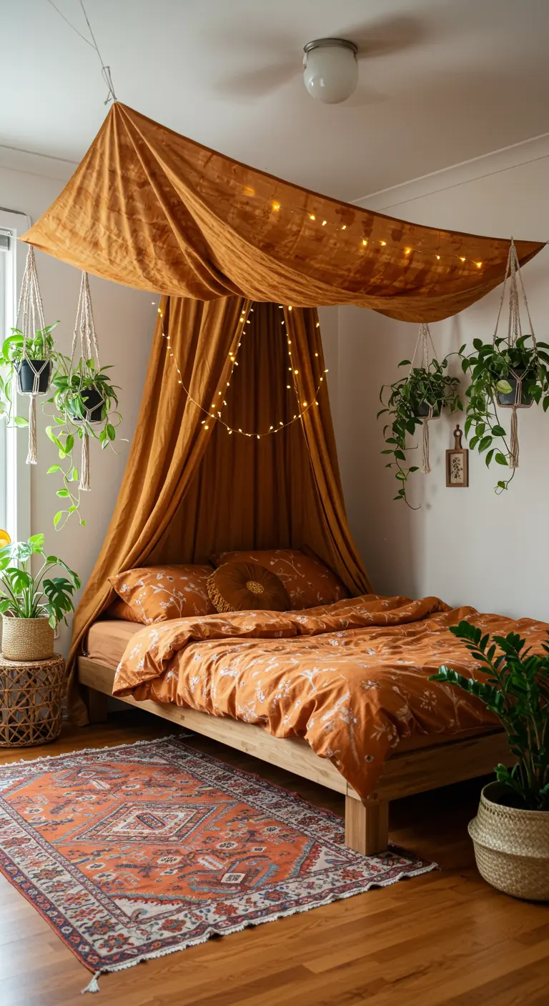 Bed with a draped terracotta fabric canopy decorated with fairy lights and hanging plants.
