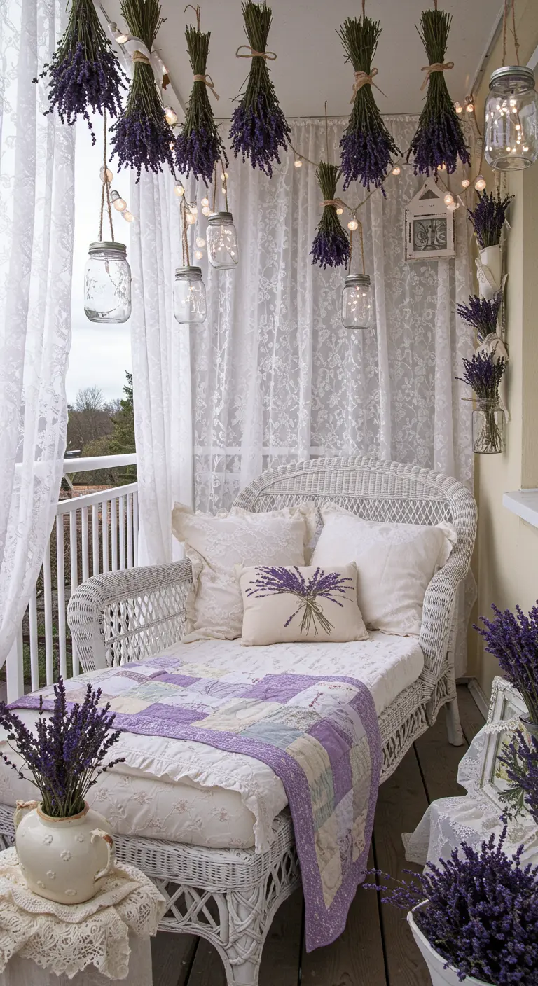 A romantic white wicker daybed on a balcony with lace curtains and hanging dried lavender.