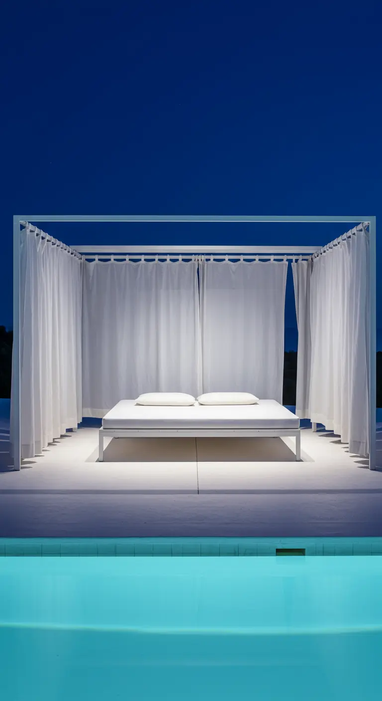 A white daybed within a curtained pergola by a pool at night, lit from below.