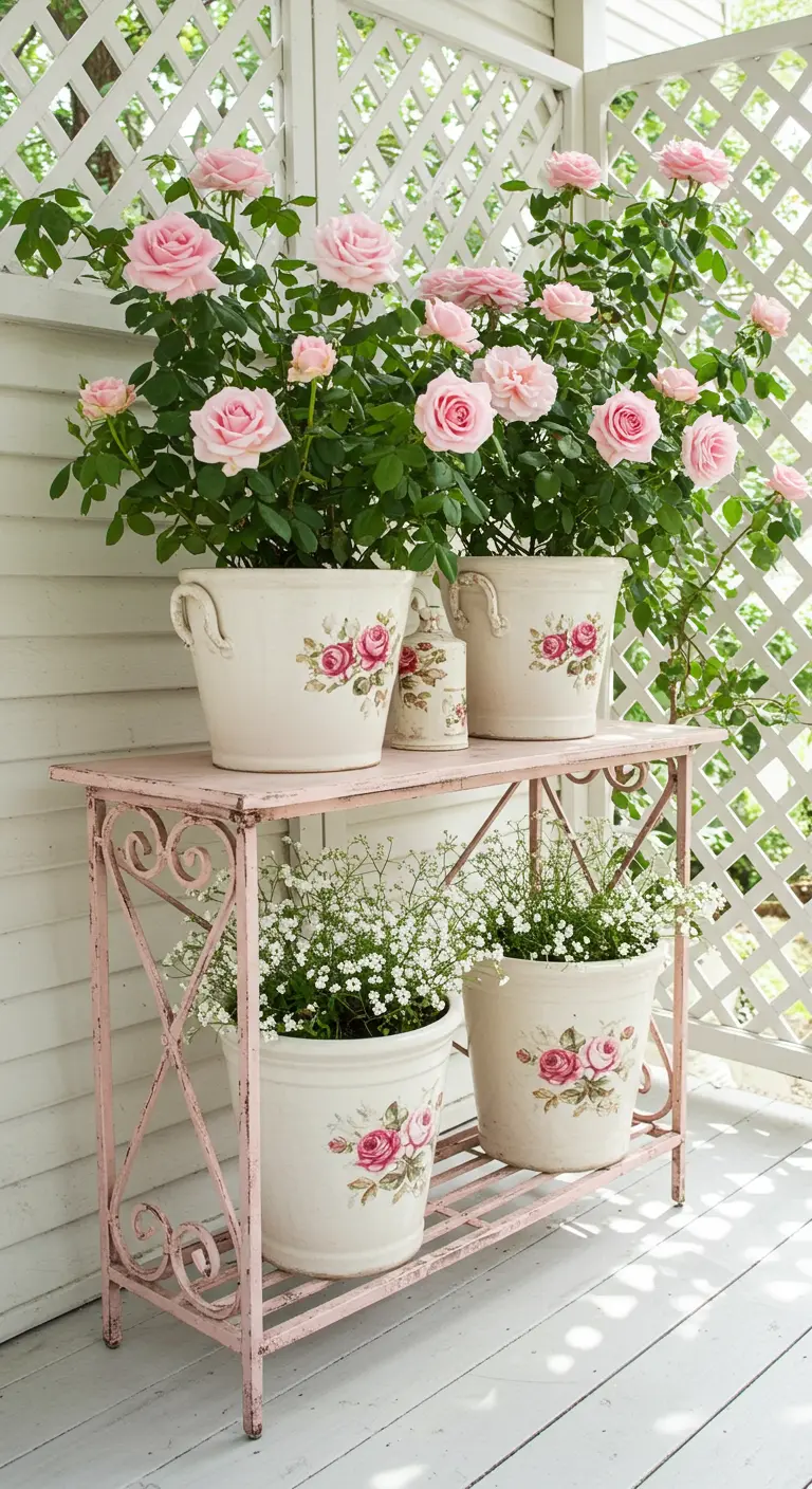 Pink roses and baby's breath in vintage pots on a pale pink wrought iron table.