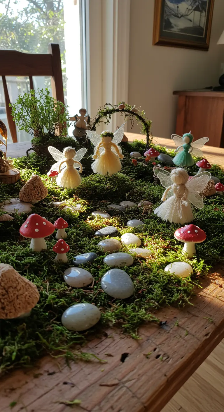 A DIY fairy garden centerpiece with moss, stones, and tiny fairy dolls on a wooden table.