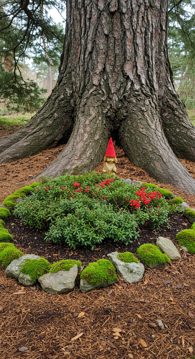 A small garden bed with red berries and a gnome at the base of a large tree trunk.