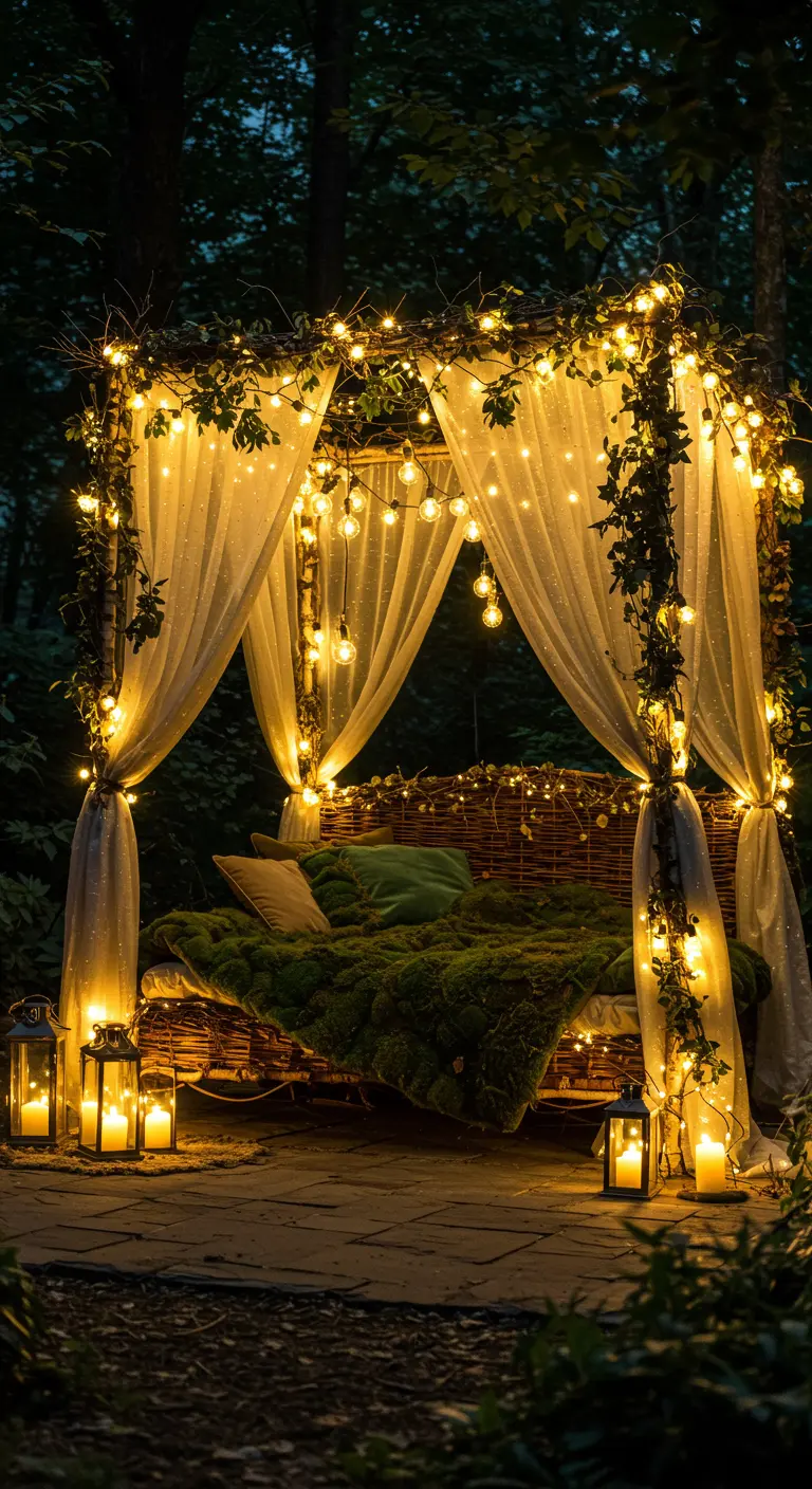 A whimsical canopy bed made of woven branches and covered in fairy lights.