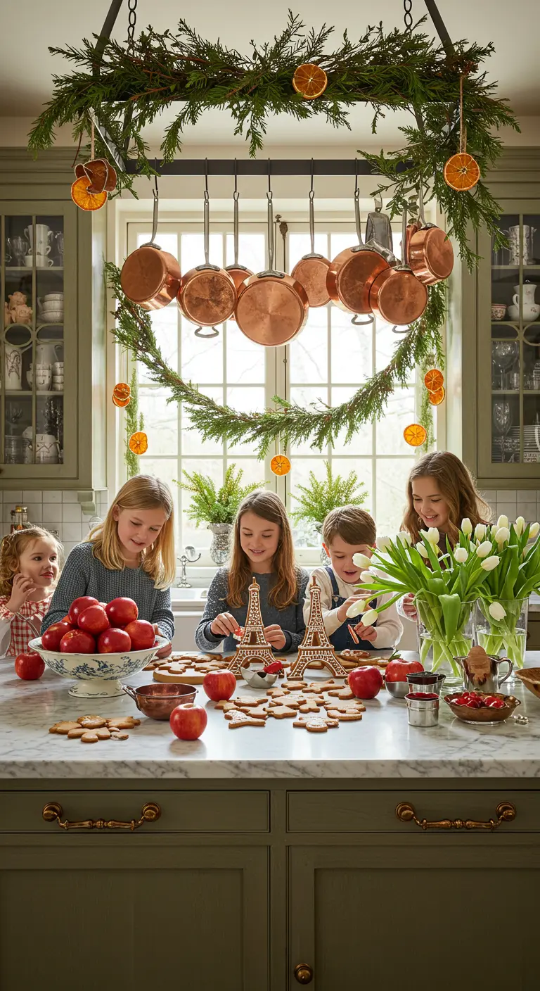 Children decorating Eiffel Tower-shaped cookies in a festive kitchen with copper pots