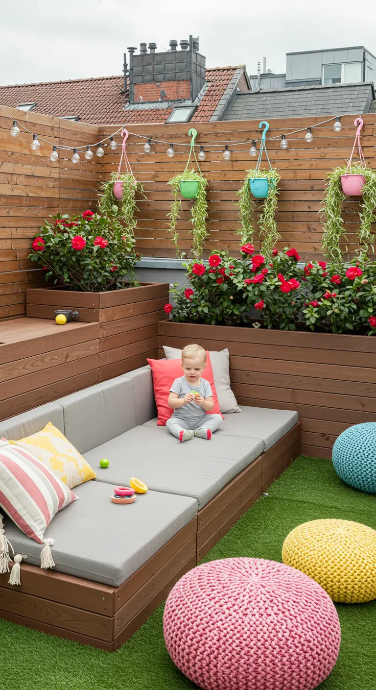 Colorful family-friendly rooftop with a sectional, artificial grass, and bright knit poufs.