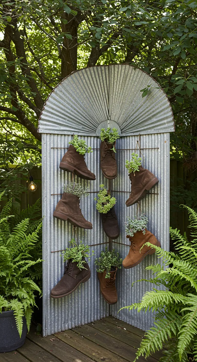 Brown suede boots with succulents hung on a fan-shaped corrugated metal trellis.