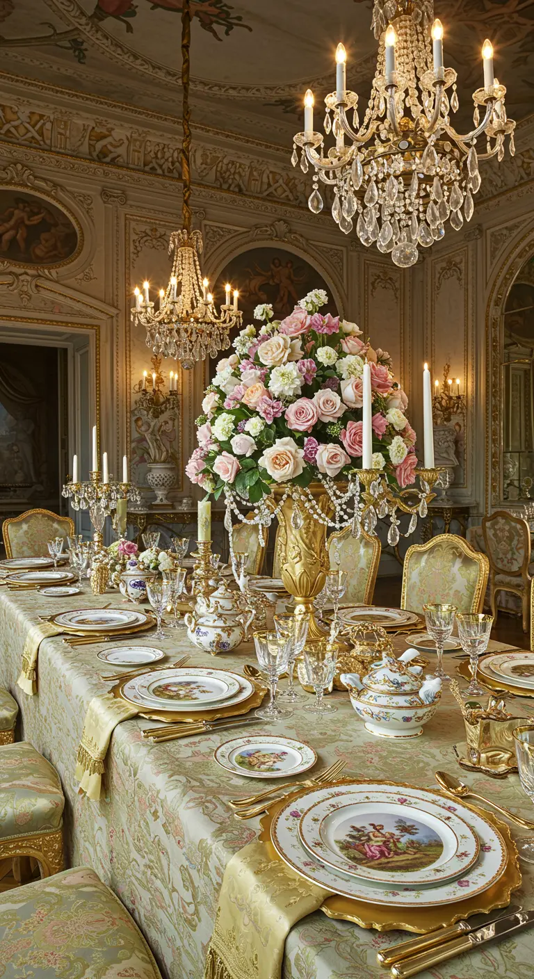 Extremely opulent dining room with rococo details, crystal chandeliers, and a lavish floral centerpiece.