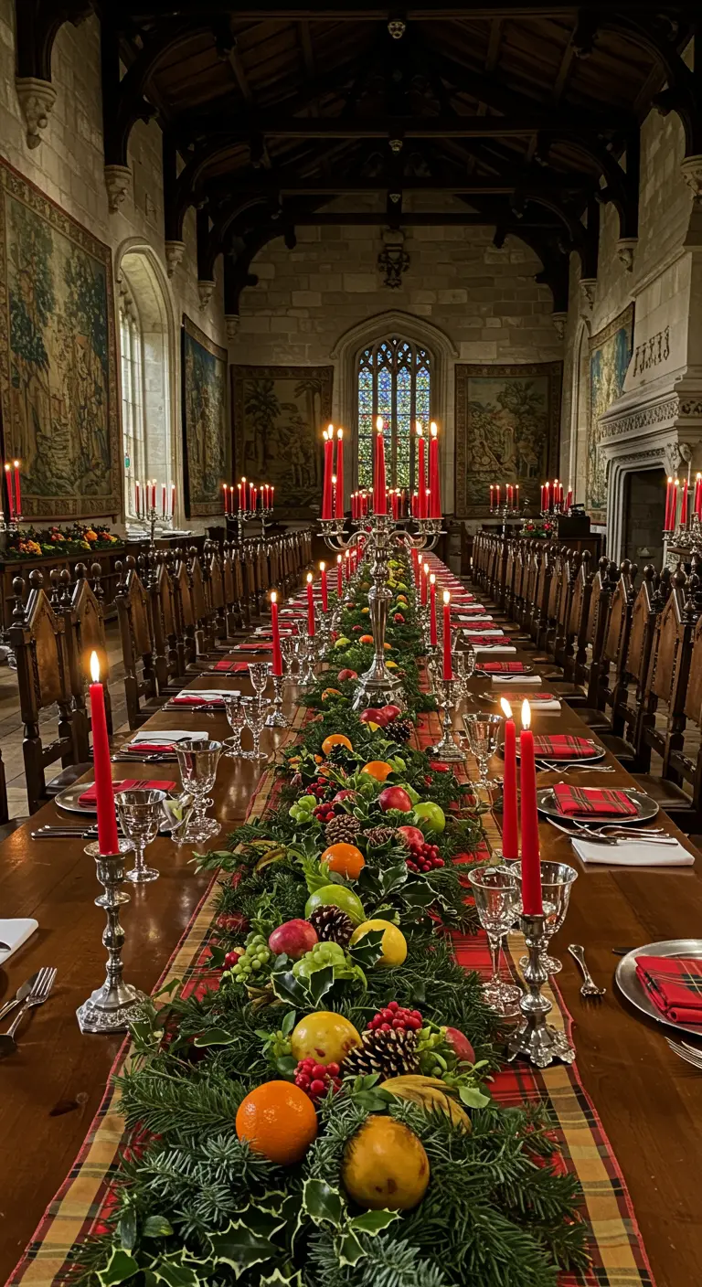 Extremely long banquet table in a grand hall with evergreen garland, fruit, and red candles.