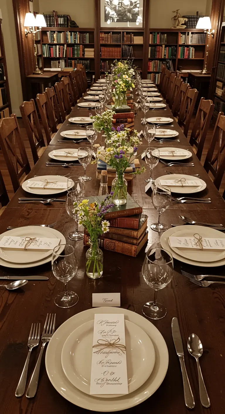 A long dining table in a library with centerpieces made of stacked books.